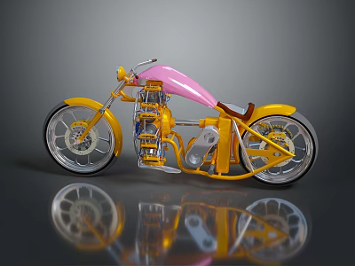 Custom Yellow Motorcycle Featuring Pink Seat Silver Wheels And Chrome Vintage Design 3d model