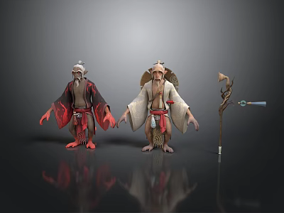 Mythical Fantasy Characters With Traditional Robes And Staff Weapon Detailed Design Standing On Reflective Surface 3d model
