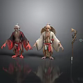 Mythical Fantasy Characters With Traditional Robes And Staff Weapon Detailed Design Standing On Reflective Surface