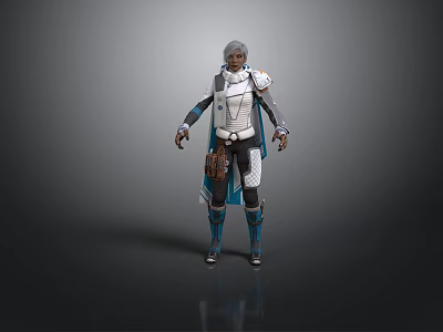 3D Character With Gray Hair White Blue Outfit Silver Shoulder Armor And Blue Boots 3d model