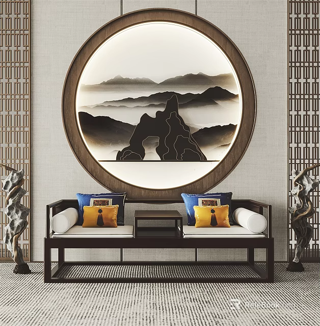 Elegant Chinese Traditional Arhat Bed with Circular Landscape Painting Decorative Cushions and Ornaments 3d model 