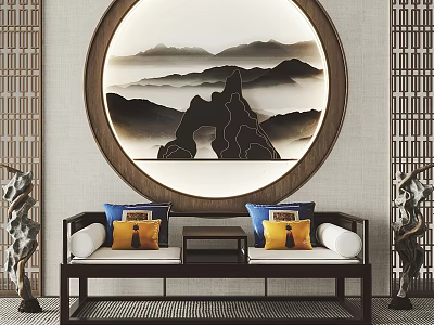 Elegant Chinese Traditional Arhat Bed with Circular Landscape Painting Decorative Cushions and Ornaments 3d model