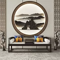 Elegant Chinese Traditional Arhat Bed with Circular Landscape Painting Decorative Cushions and Ornaments