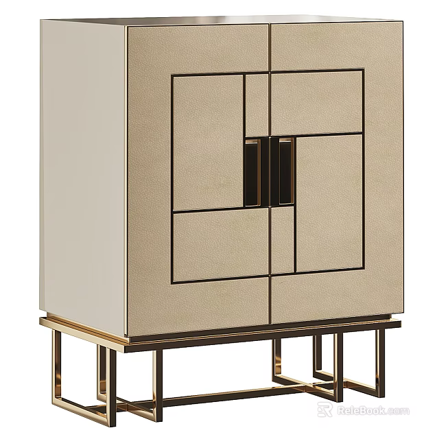 Elegant Beige Decorative Cabinet With Gold Frame Geometric Pattern And Metal Base 3d model 