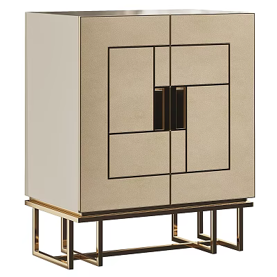 Elegant Beige Decorative Cabinet With Gold Frame Geometric Pattern And Metal Base 3d model