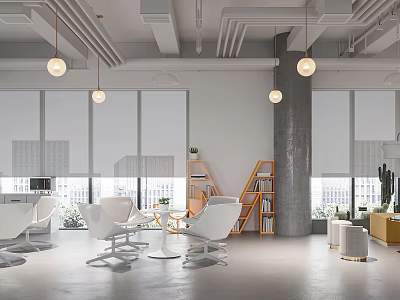 Modern Office Tea Room Featuring Large Windows White Chairs Round Tables Bookshelves And Green Plants 3d model