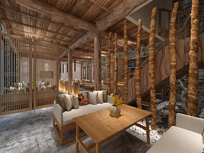 Rustic Natural Hotel Public Lounge Area With Wooden Ceiling Log Pillars And Sofa 3d model