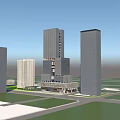 Modern High Rise Office Building With Glass Curtain Wall And Urban Green Landscaping Design
