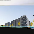 Modern Weiyuan Center Office Building With Trees Vehicles Blue Sky And White Clouds