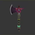 Ornate Fantasy Axe With Green Gemstone Golden Patterns And Leather Wrapped Handle