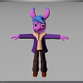 Cartoon Creature With Pink And Blue Ears Purple Coat Brown Pants Red Shoes Arms Outstretched