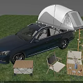 Serene Garden Landscape With Green Grass Camping Tent Wooden Tables Chairs And Blue Car