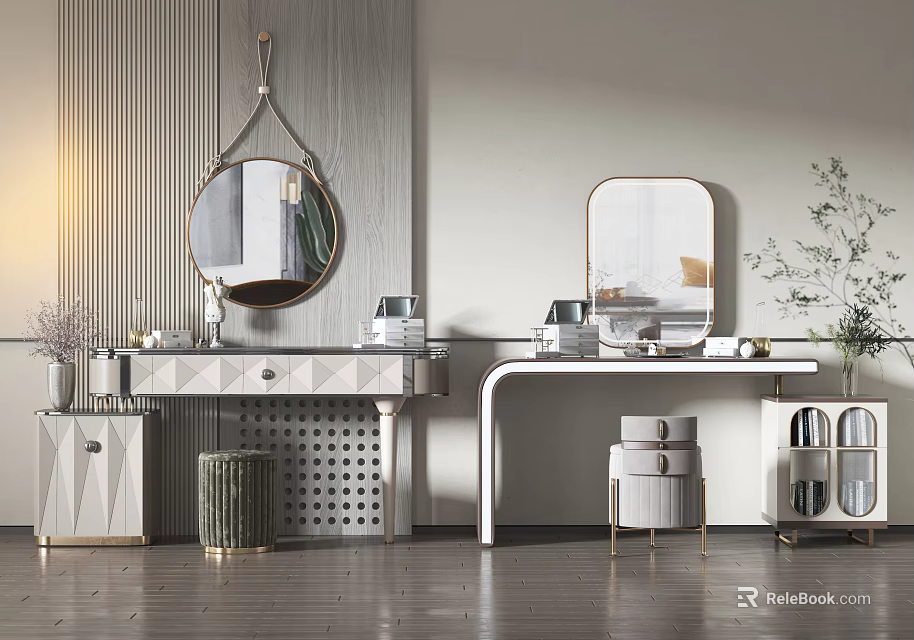 Elegant Modern Dressing Table With Round Rectangular Mirrors Drawers And Stools 3d model 