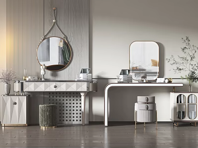 Elegant Modern Dressing Table With Round Rectangular Mirrors Drawers And Stools 3d model
