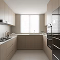 Modern Minimalist Kitchen Interior With Light Brown Cabinets Window Blinds And Appliances