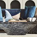 Modern Blue Sofa and Coffee Table Set with Pillows Decorative Items Bookshelf and Chandelier