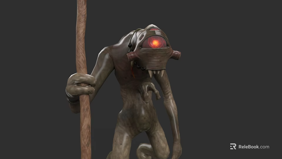 Game and Movie Monster Character With Red Glowing Eyes Helmet Device And Wooden Staff 3d model 