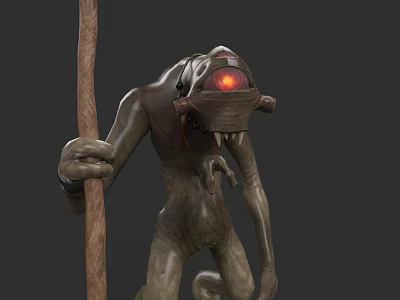 Game and Movie Monster Character With Red Glowing Eyes Helmet Device And Wooden Staff 3d model