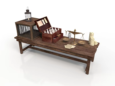 Woman Arranging Antiques On Wooden Table With Birdcage Chess Chest And Scrolls 3d model