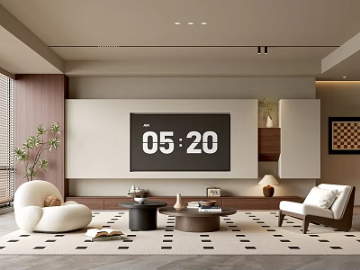Modern Living Room Interior With Large TV Screen Cloud Sofa Coffee Tables And Geometric Rug 3d model