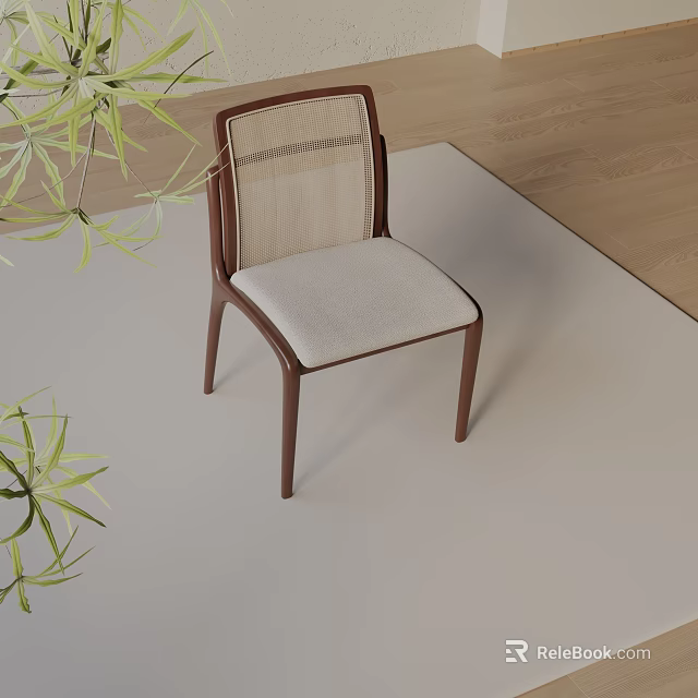 Modern Wooden Dining Chair With Light Cushion And Green Leaves On Light Floor 3d model 