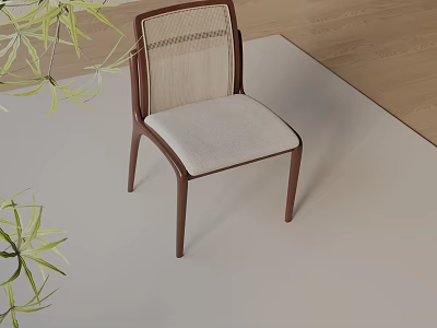 Modern Wooden Dining Chair With Light Cushion And Green Leaves On Light Floor 3d model