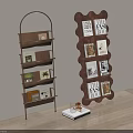 Curved Metal Frame And Wave Shaped Wooden Bookshelves With Books And Decorations In Modern Interior