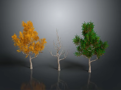 Three Trees Display Yellow Foliage Leafless Trunk And Green Leaves 3d model