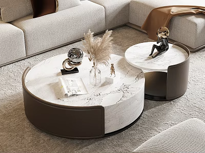 Modern Round Coffee Tables With Marble Top And Decorative Items In Living Room 3d model
