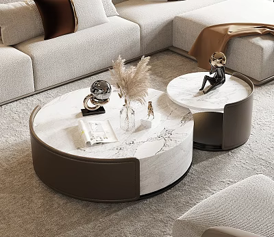 Modern Round Coffee Tables With Marble Top And Decorative Items In Living Room 3d model