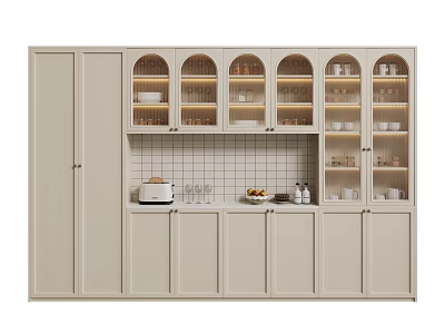 Modern Kitchen Cabinets With Arched Glass Doors And Warm Lighting 3d model
