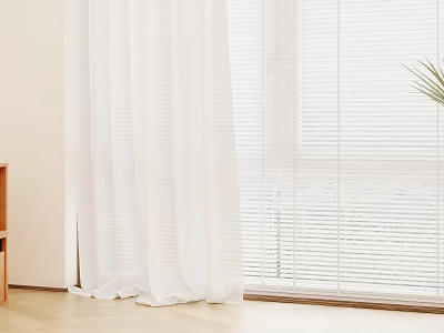 White Draped Curtains With Window Blinds In Bright Modern Room Interior 3d model