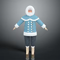 Game Movie Character In Blue Coat With White Fur Collar Buttons Dark Pants Light Boots