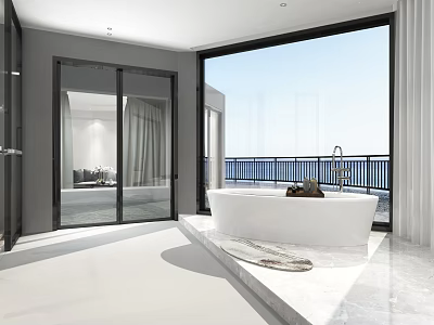 Hotel Guest Room Bathroom With Ocean View Large Window White Bathtub And Marble Floor 3d model