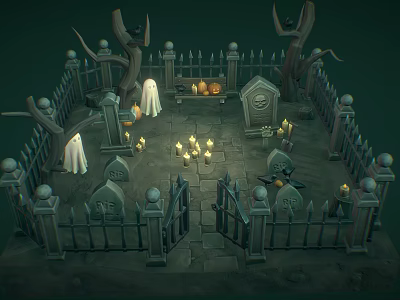 Spooky Halloween Cemetery Landscape with Ghosts Pumpkin Lanterns Candles Iron Fence and Old Tombstones 3d model