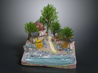 Cartoon Scene Model With Small Cottage Green Trees River And Scenic Pathway 3d model