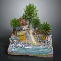 Cartoon Scene Model With Small Cottage Green Trees River And Scenic Pathway