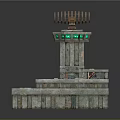 Intricately Carved Stone Tower Sculpture With Sail Shaped Top Green Lights And Weathered Details