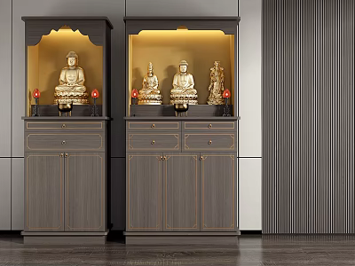 Elegant Gray Buddhist Shrine Cabinet With Gold Trim Buddha Statues And Warm Lighting 3d model