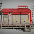 Industrial Equipment Unit With Red Frame White Body Warning Signs Metal Railings And Stairs