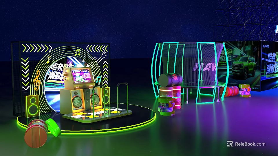 Neon Lit Circular Entertainment Stage With FLAX Logo Sound System And Colorful Lighting 3d model 