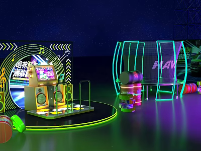 Neon Lit Circular Entertainment Stage With FLAX Logo Sound System And Colorful Lighting 3d model
