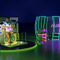 Neon Lit Circular Entertainment Stage With FLAX Logo Sound System And Colorful Lighting