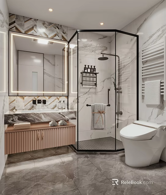 Modern Bathroom Interior Design With Marble Walls Shower Enclosure And Vanity Mirror 3d model 
