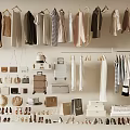 Organized Clothes Display with Hangers Hats Bags Shoes and Luggage in Neutral Toned Closet