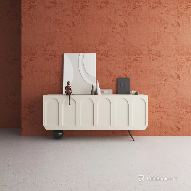 White Arch Design TV Stand Against Orange Textured Wall with Decorative Accents 3d model 
