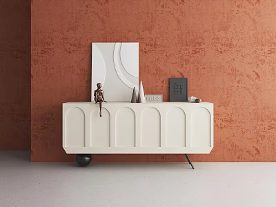 White Arch Design TV Stand Against Orange Textured Wall with Decorative Accents 3d model