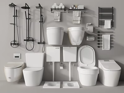 Various Different Modern Toilet Designs With Bathroom Fixtures And Accessories 3d model