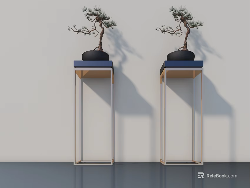 Bonsai Plants on Metal Stands with Blue Tops Against Light Colored Walls 3d model 