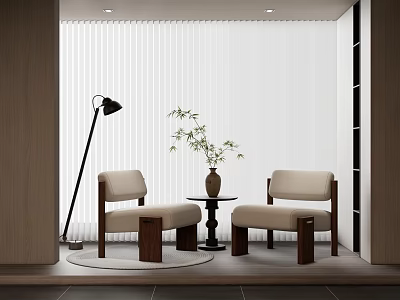Beige Leisure Chair Featuring Wooden Legs Blinds Floor Lamp and Small Round Table 3d model